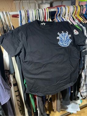 Moncler Black Short-Sleeve Logo Patch T-Shirt with Blue Emblem